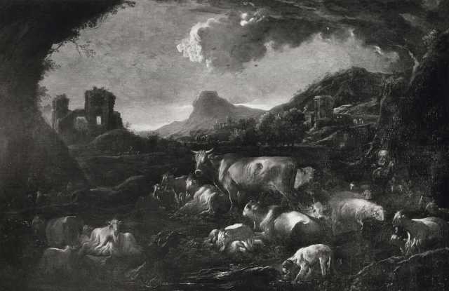 Anonimo — Anonimo sec. XVII/ XVIII - Paesaggio con pastore e gregge — insieme